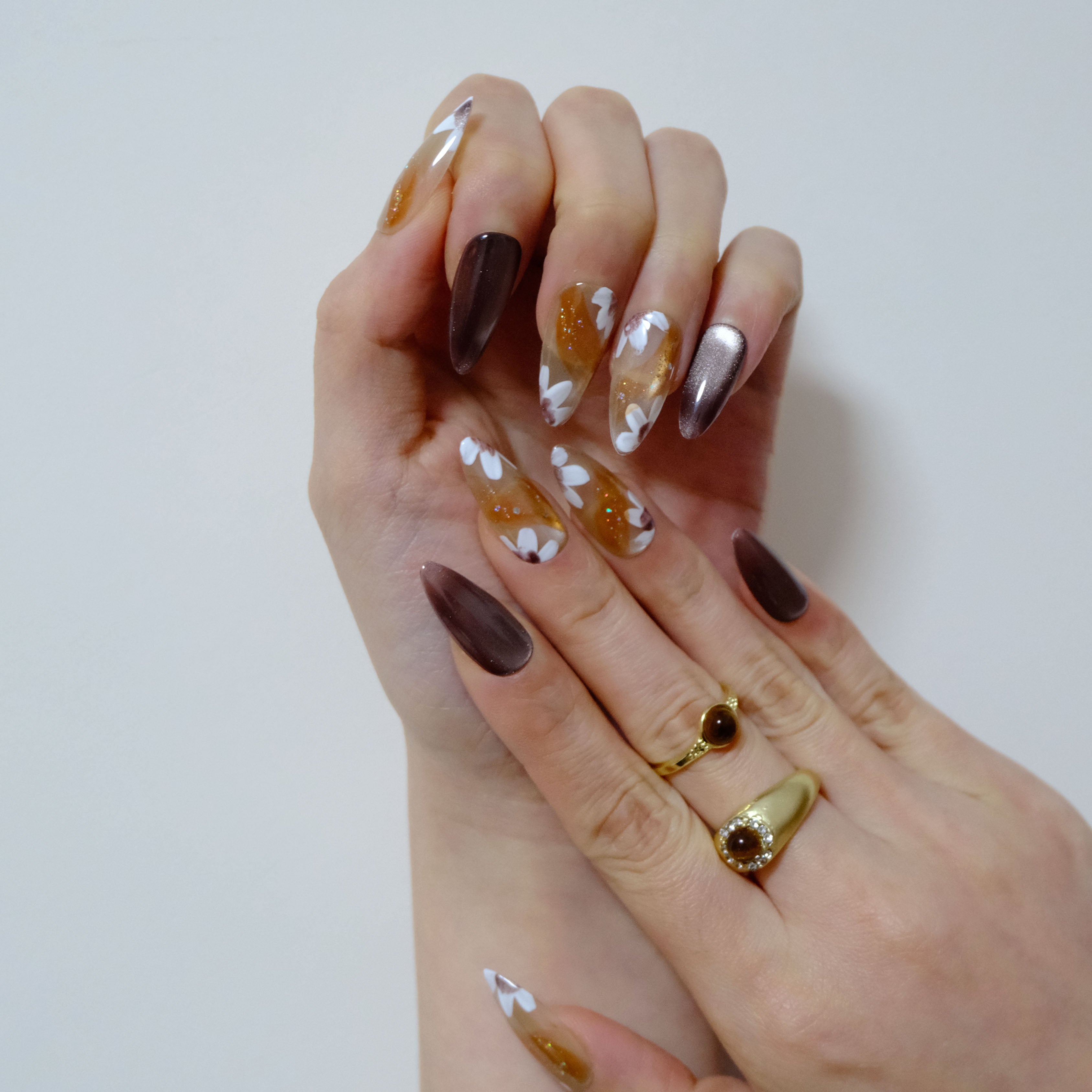 Amber Floral Glitter Nails