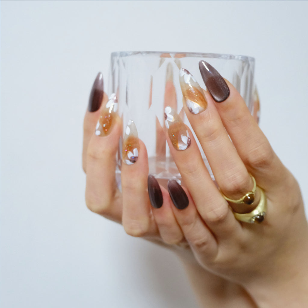 Amber Floral Glitter Nails
