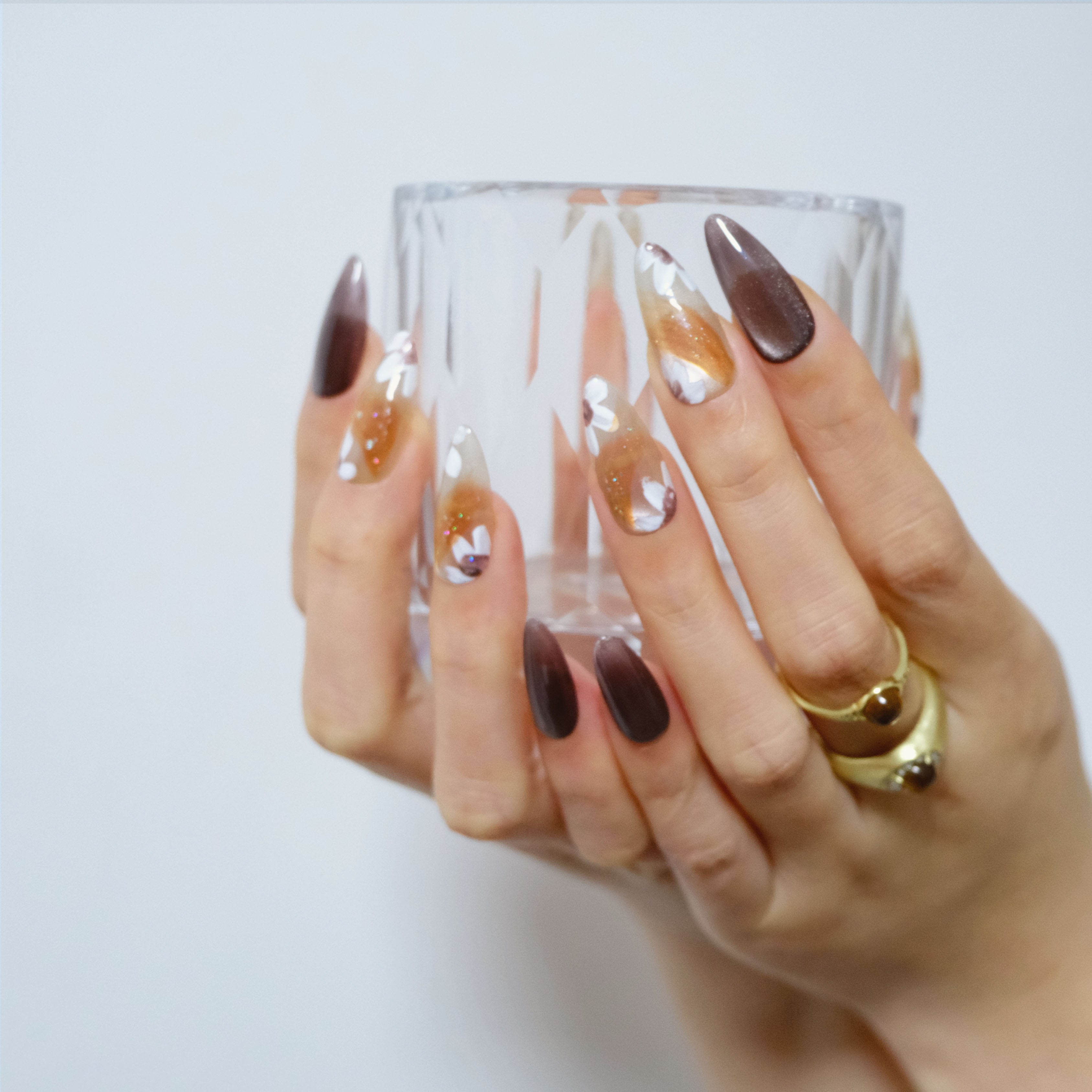 Amber Floral Glitter Nails