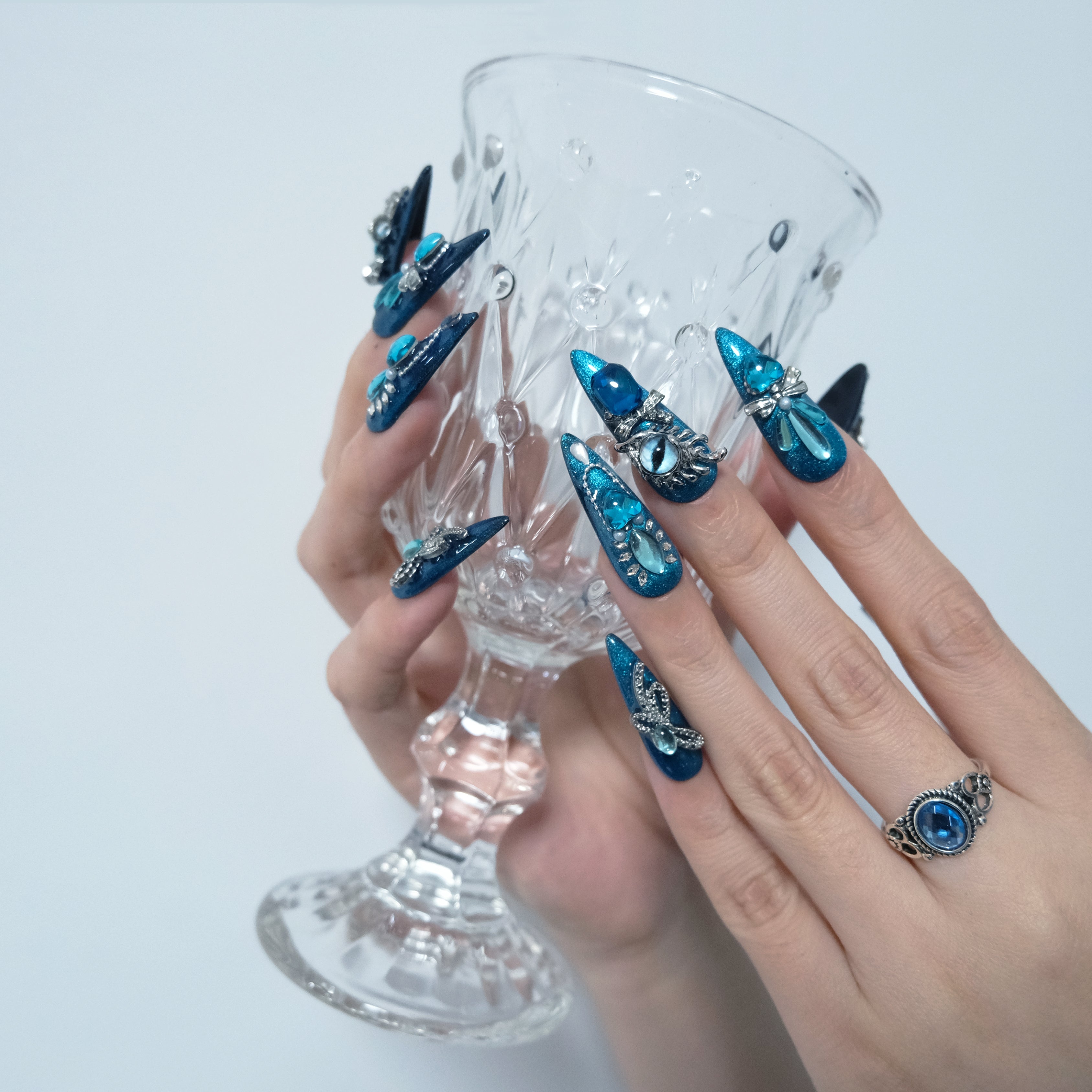 Teal Ocean Gem Nails